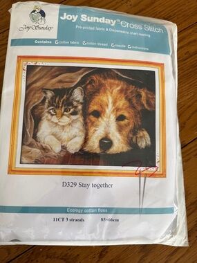 Dog Cat Together Joy Sunday Cross Stitch Kit 11CT Pre-Printed Aida NEW